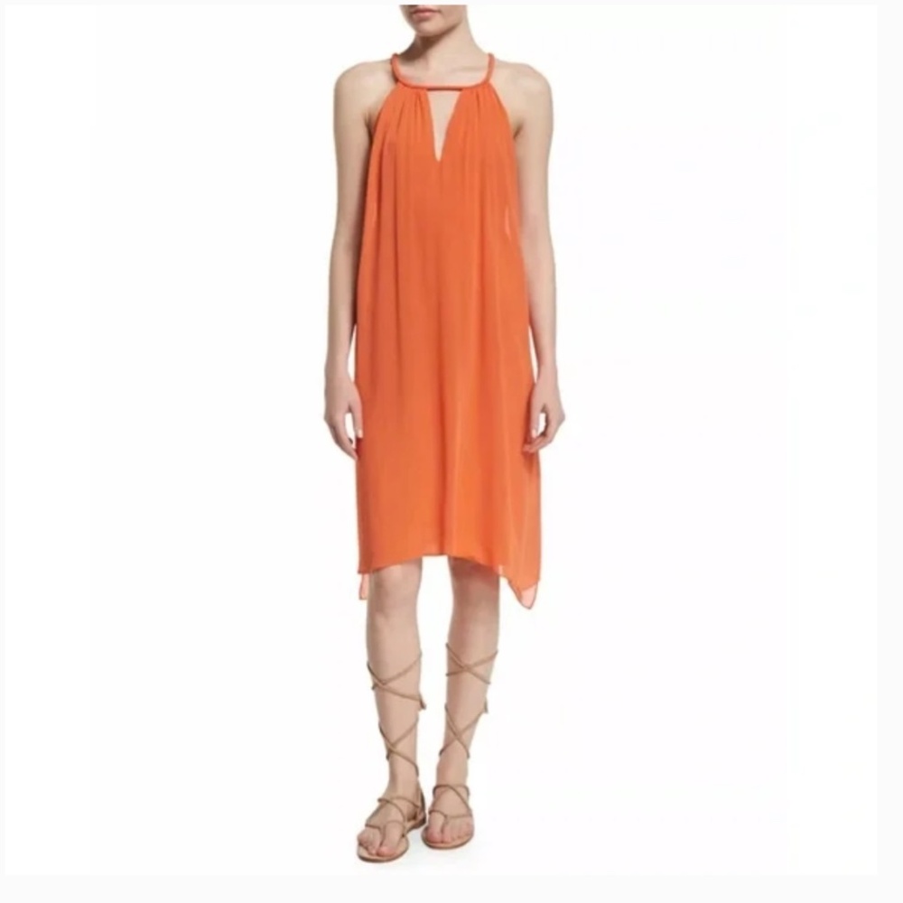 Alice + Olivia Katey Tangerine Orange Chiffon Braided Halter Dress size Large